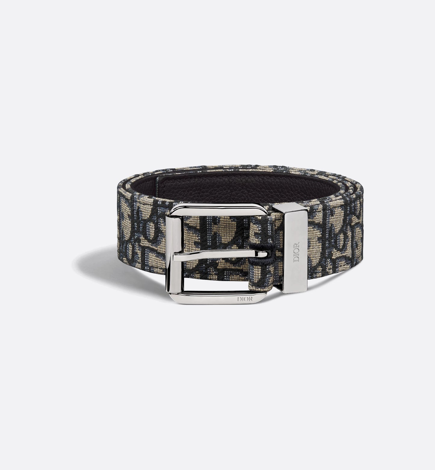 Beige and black oblique jacquard belt with black grained calfskin, 35 mm, men's