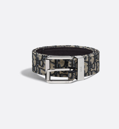 Beige and black oblique jacquard belt with black grained calfskin, 35 mm, men's