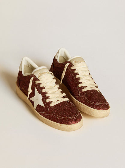 Bordeaux glitter with a star and white leather heel counter