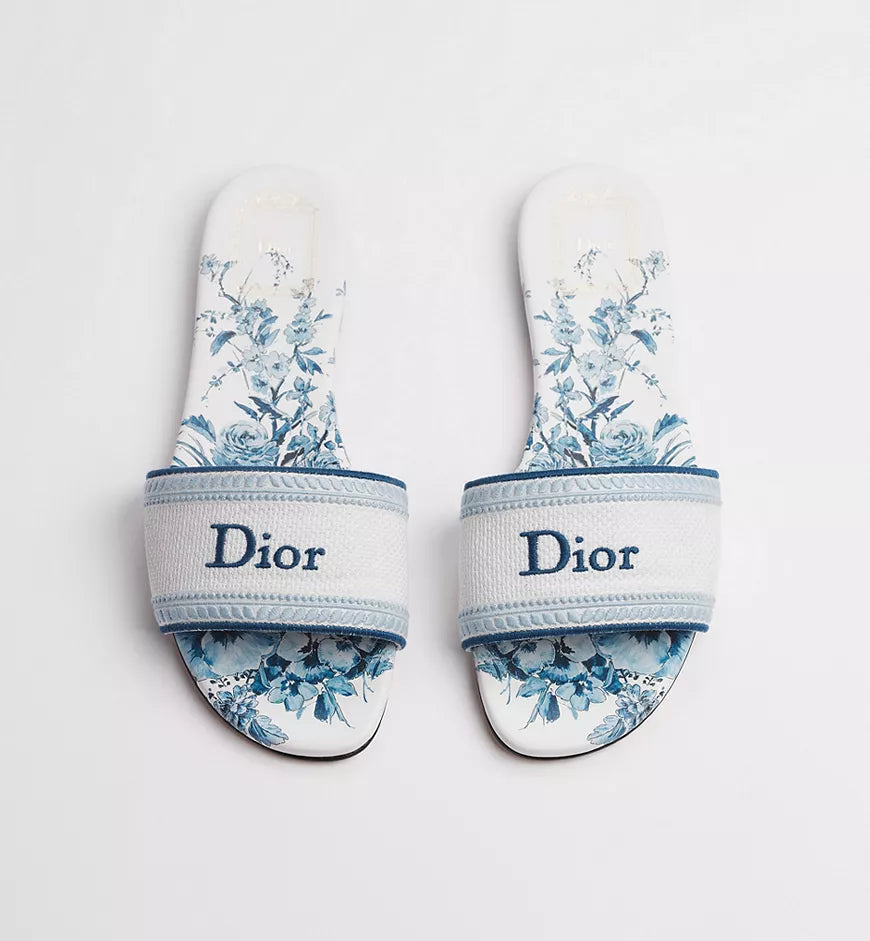 Dioriviera Dway Slide with Toile de Jouy Floral Garden Motif in White and Blue