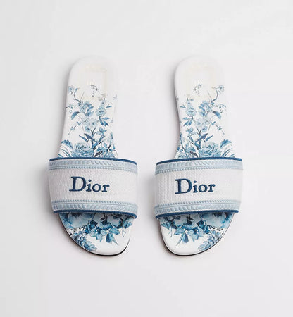 Dioriviera Dway Slide with Toile de Jouy Floral Garden Motif in White and Blue