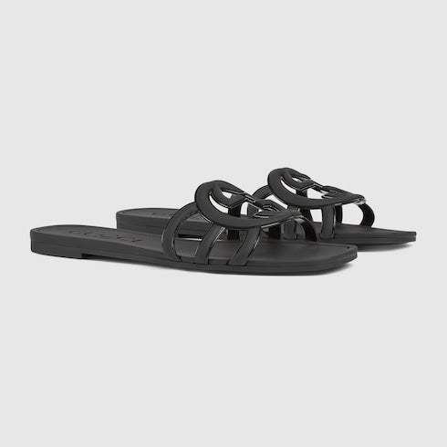 Women's Black Rubber GG Criss-Cross Strap Slider Sandals