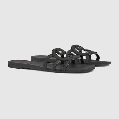 Women's Black Rubber GG Criss-Cross Strap Slider Sandals