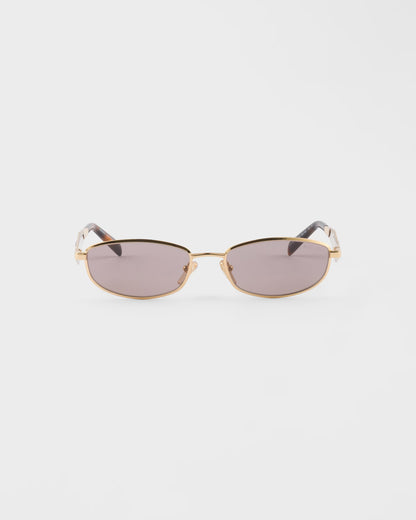 Ovale Sonnenbrille aus goldfarbenem Acetat mit malvenfarbenen Gläsern