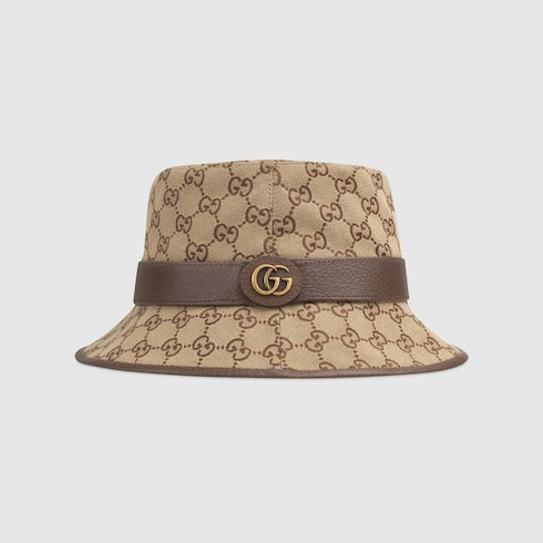 Fedora hat made of GG fabric in beige and brown