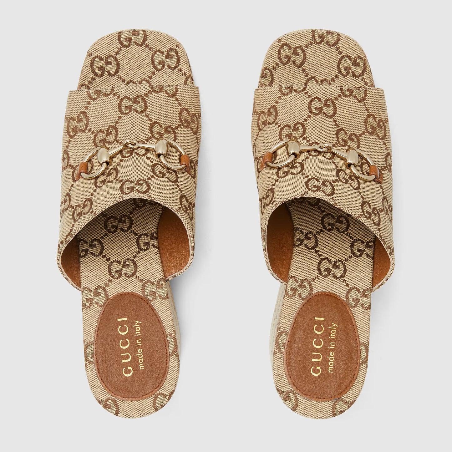 Women's wedge sandal with horsebit detail in beige and dark brown GG canvas
