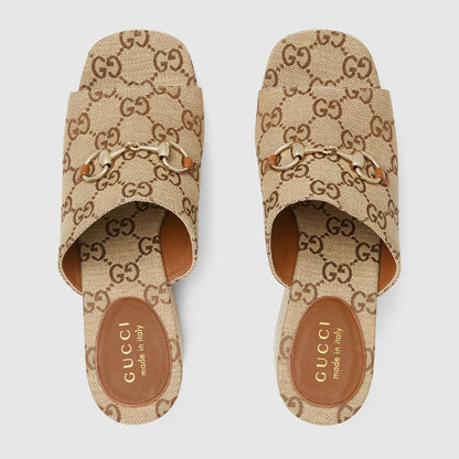 Women's wedge sandal with horsebit detail in beige and dark brown GG canvas