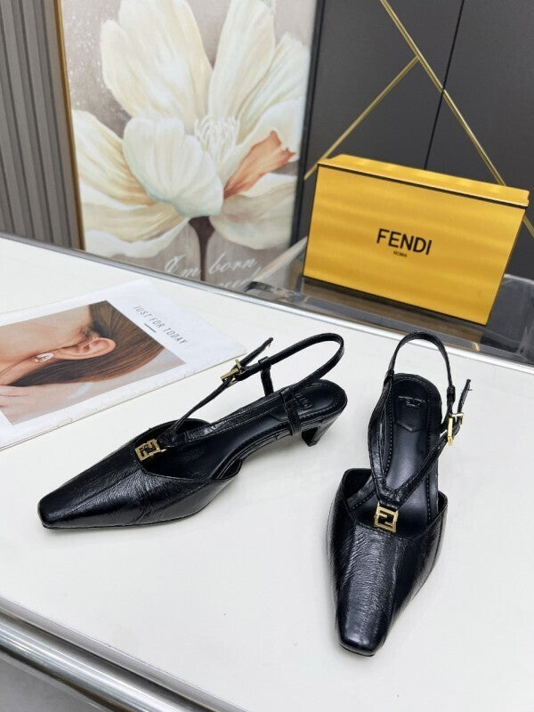 Black leather kitten-heel pumps with gold FF buckles