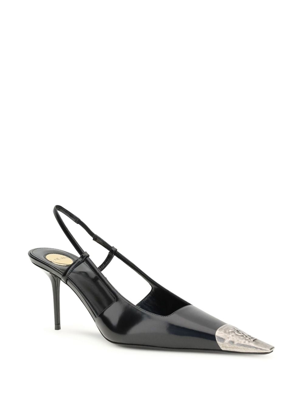 Spitz zulaufende Slingback-Pumps aus schwarzem Leder 75 mm