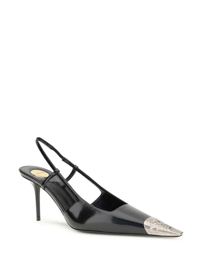 Spitz zulaufende Slingback-Pumps aus schwarzem Leder 75 mm