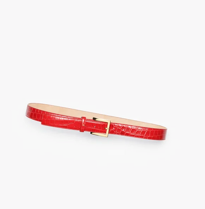 Gürtel aus krokogeprägtem Kalbsleder und Metall in Rot und Gold