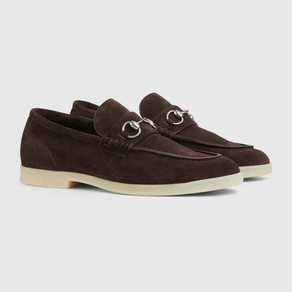 Men's moccasin with buckle made of dark brown suede
