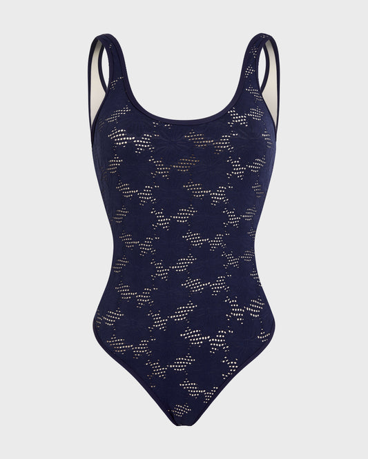 Jacquard swimsuit with floral pattern and English embroidery