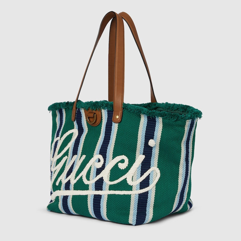 Shopper bag in embroidered green fabric, medium
