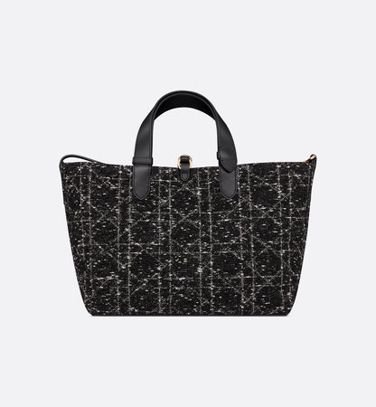 Toujours Medium Schwarze Tweed Tasche mit weißem Cannage-Muster