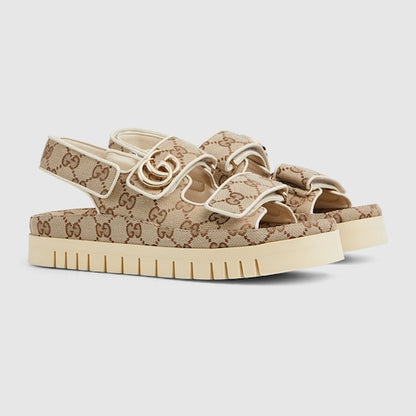 Women's Double G sandals with GG fabric in beige and dark brown