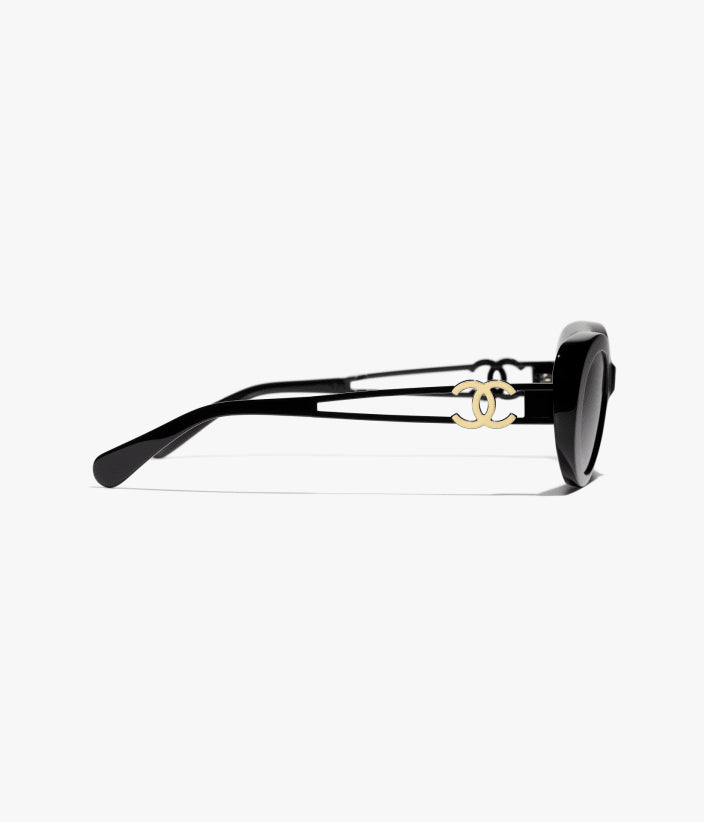 Ovale Sonnenbrille aus Acetat und schwarzem Metall mit grau verlaufenden Gläsern