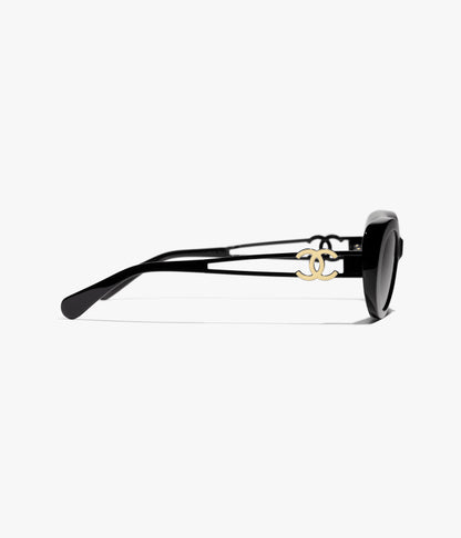 Ovale Sonnenbrille aus Acetat und schwarzem Metall mit grau verlaufenden Gläsern