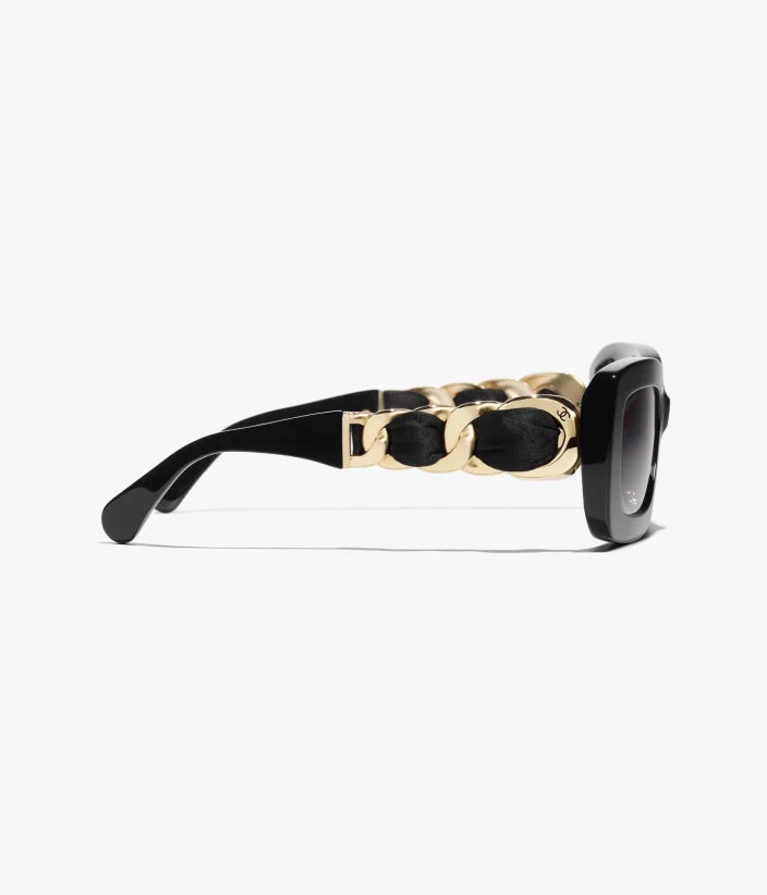 Rechteckige Sonnenbrille aus Acetat Metall und schwarzer Seide mit grau verlaufenden Gläsern