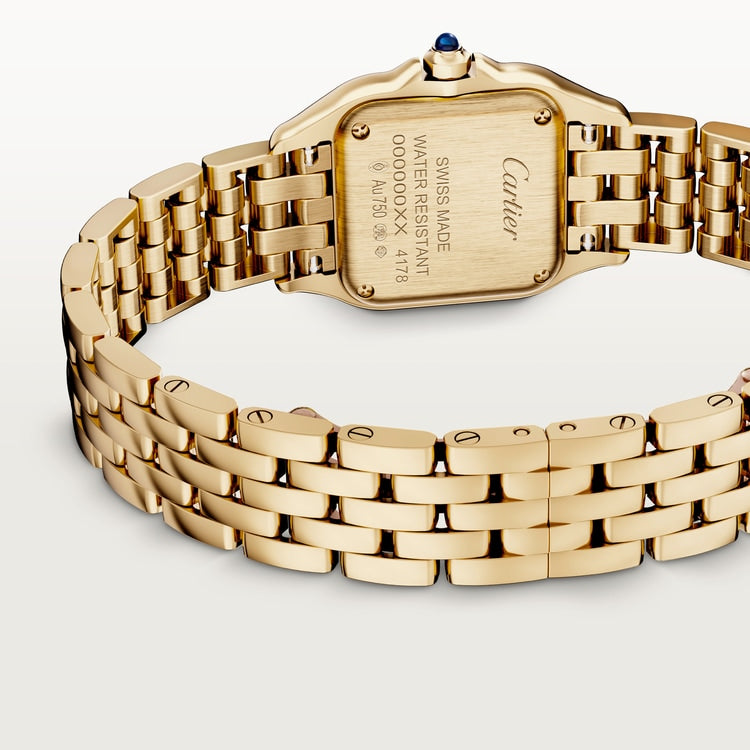 Panthère Uhr aus Gold mit schwertförmigen gebläuten Stahlzeigern Small