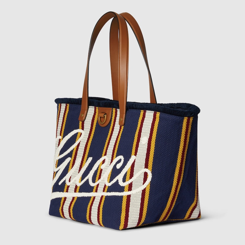 Shopper bag made of embroidered dark blue fabric, medium