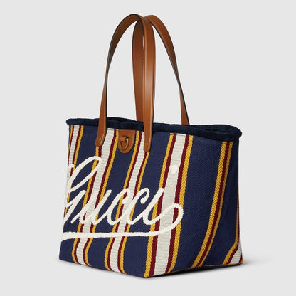 Shopper bag made of embroidered dark blue fabric, medium