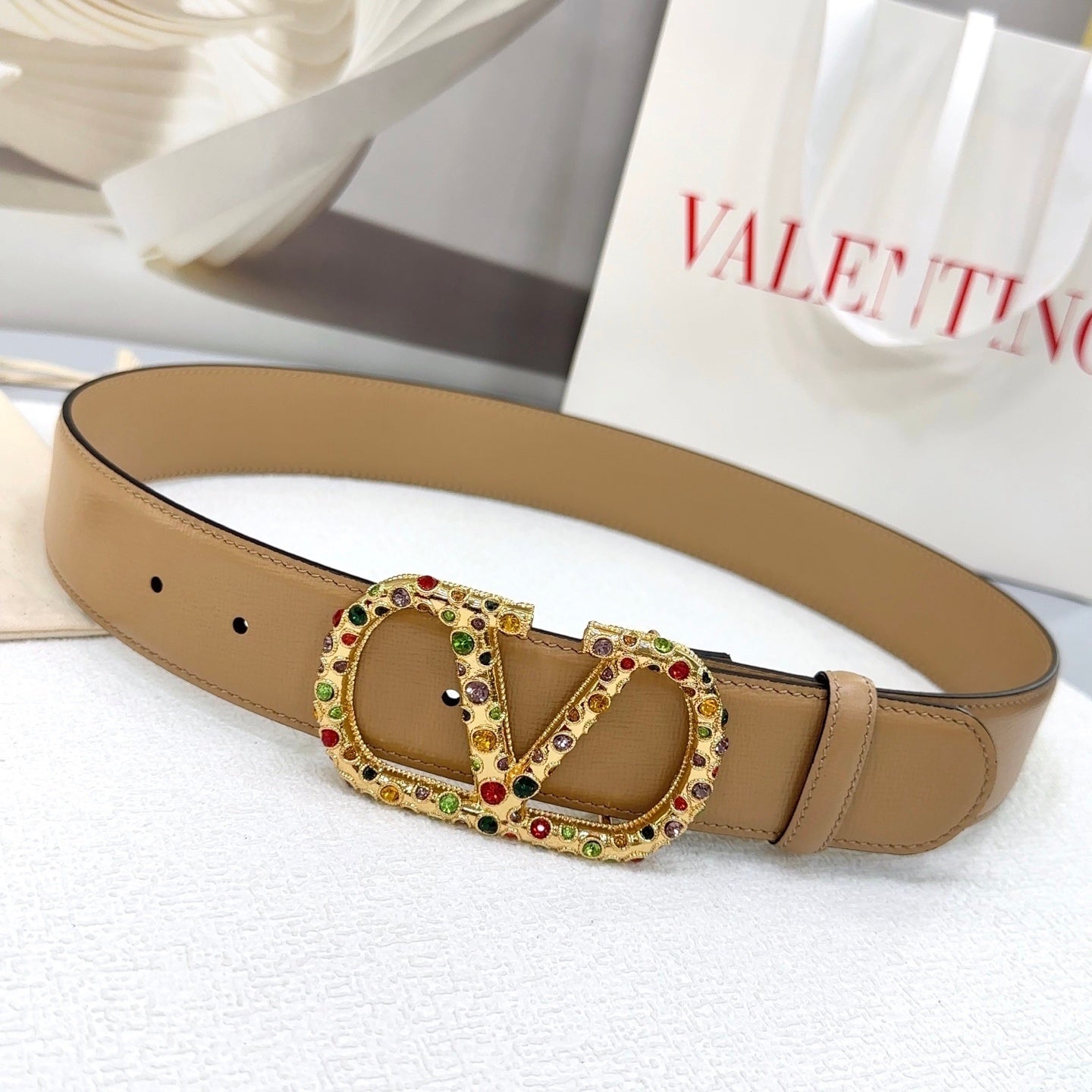 Reversible belt VLogo Signature Beige with multicolored Swarovski crystals