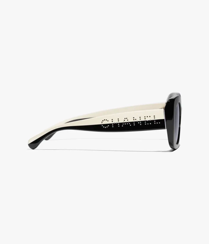 Zweifarbige quadratische Sonnenbrille aus schwarzem Acetat mit grauen Gläsern