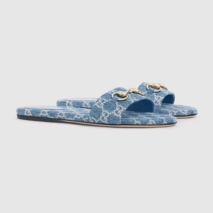 Damen-Slider-Sandalen mit Morsetto aus blauem GG-Denim