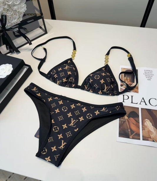 Monogram Bikini-Set Schwarz mit Kette