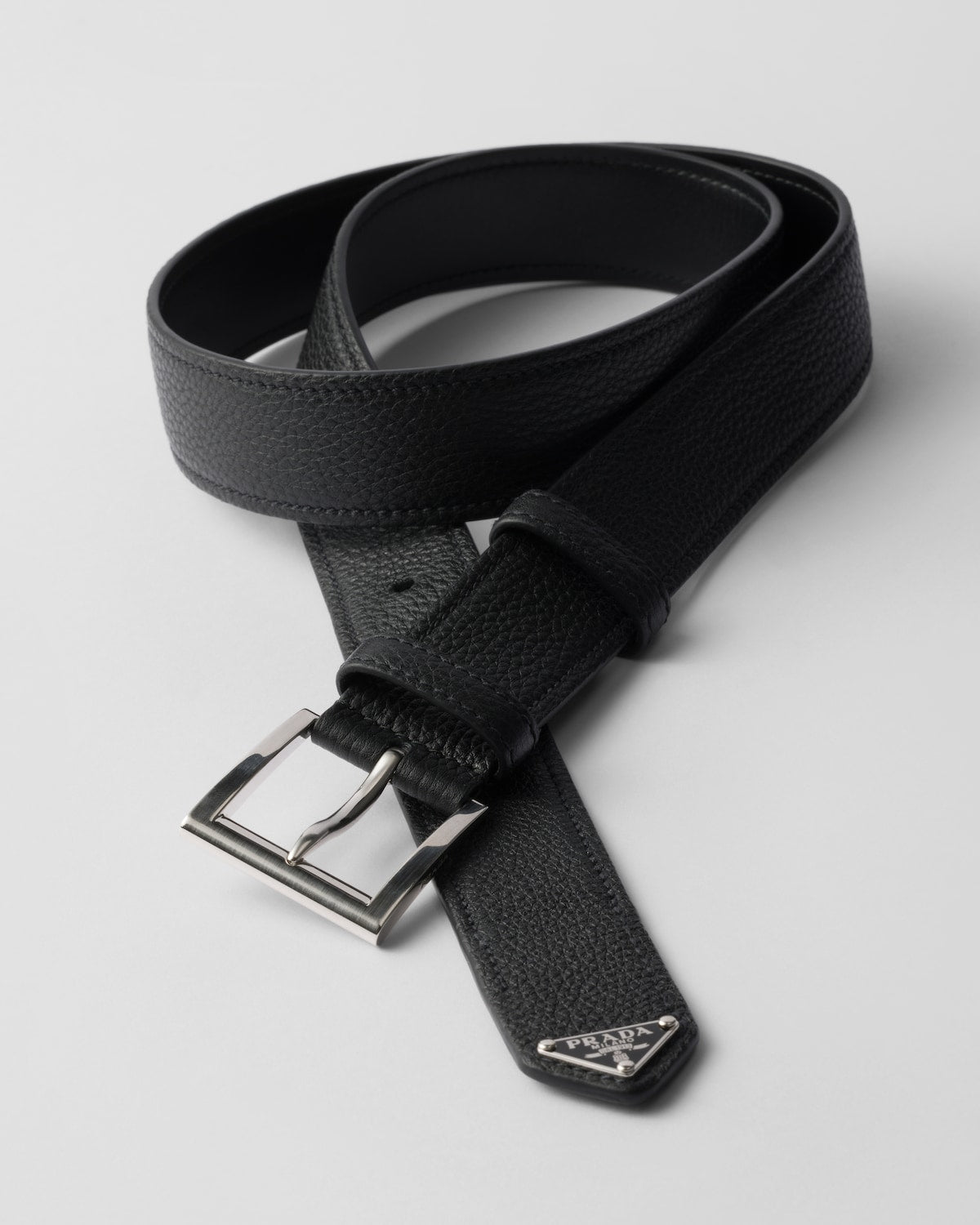 Black leather belt with metal buckle and triangular logo for men