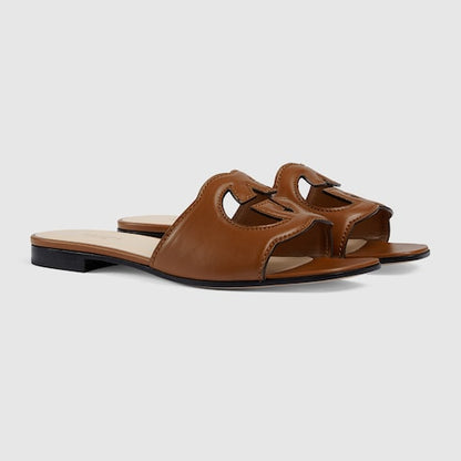 Damen-Slider-Sandalen mit GG-Cut-out-Kreuzdetail aus Leder in Naturlederfarbe