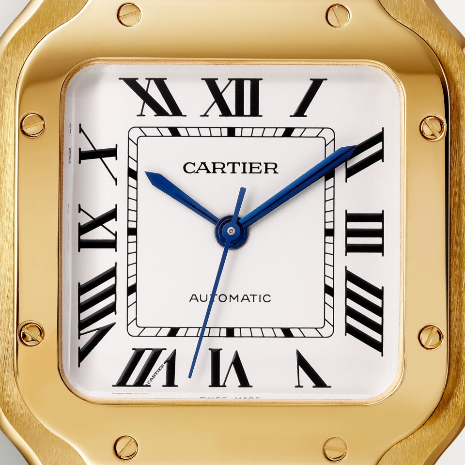 Santos gold watch with silver-colored opaline dial