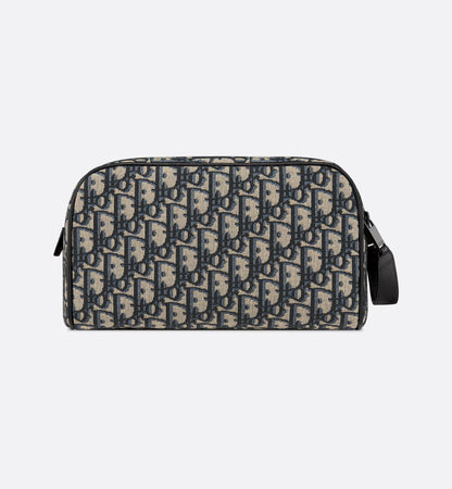 Toilettentasche Beige/Schwarz Oblique Jacquard und genarbtes Kalbsleder