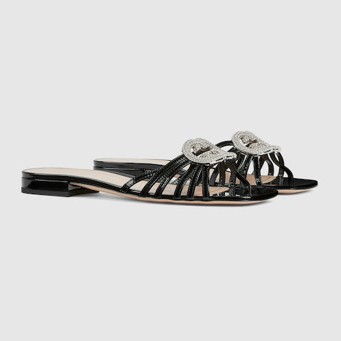 Women's GG Criss-Cross Crystal-Embellished Patent Leather Slider Sandals in Black