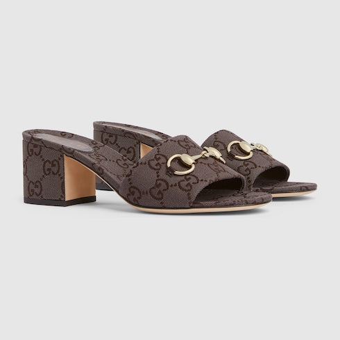 Dark brown GG fabric women's slider sandals with Morsetto