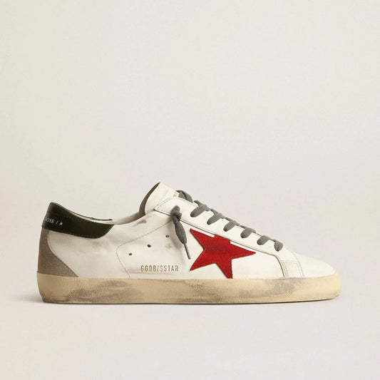 Red suede star and green leather on the heel