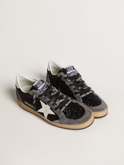Glitter with leather star and metallic leather on the heel