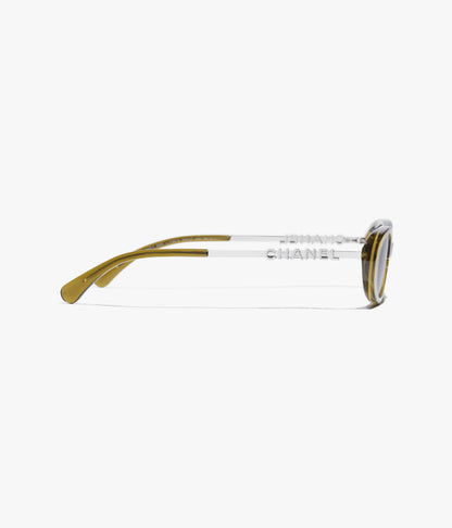 Ovale Sonnenbrille aus Acetat und Metall in Oliv mit dunkelbraunen Gläsern