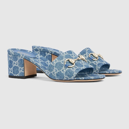 Women's heeled slider sandals in blue GG denim
