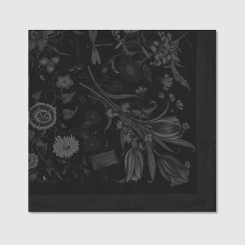 Printed Cotton Silk Pocket Square in Black and Grey