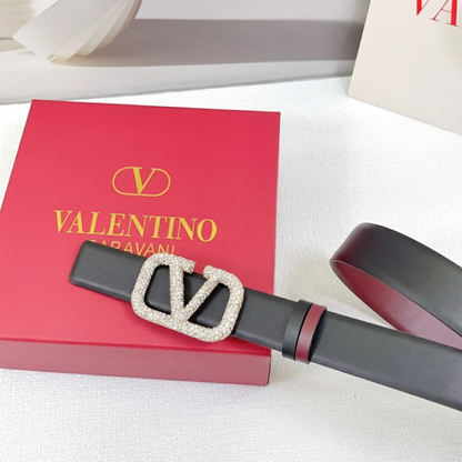 Reversible VLogo Signature belt in black, made of glossy calfskin with crystals