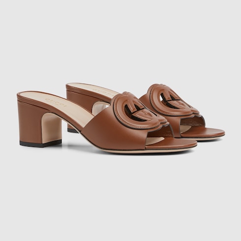 Women's GG Criss-Cross Slider Sandals in Brown Leather