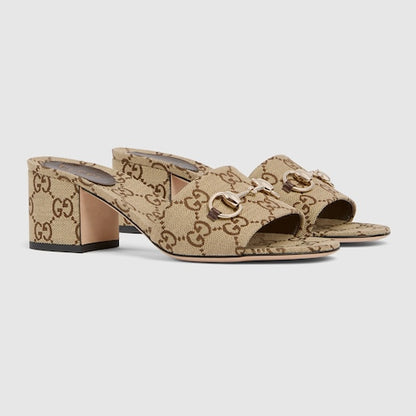 Women's slider sandals with Morsetto in GG fabric in camel and brown