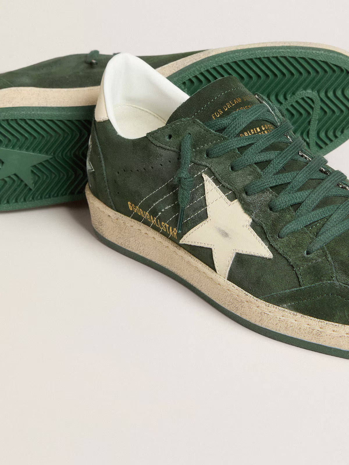 Green suede with star and white leather heel