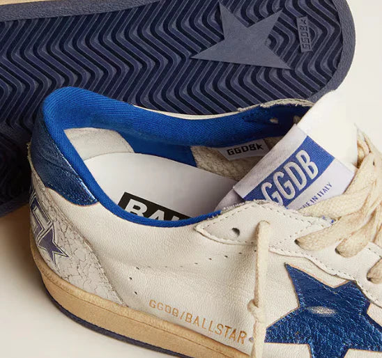 White nappa leather with star and cornflower blue heel