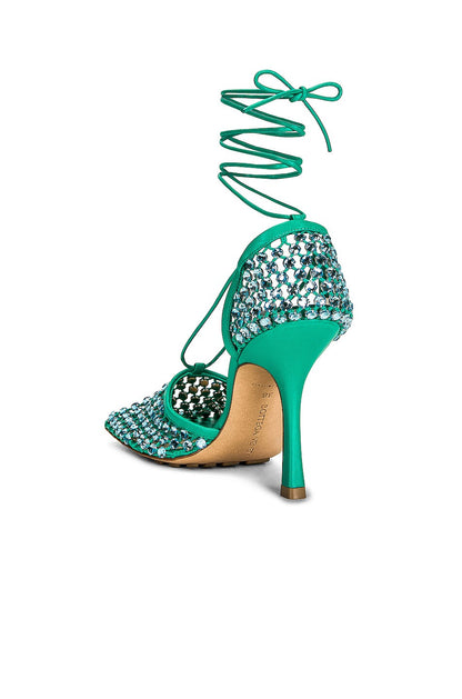 Sandals with elasticated straps, rhinestones and 90 mm lacing in vibrant turquoise