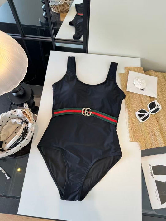 Monogram Badeanzug mit Gürtel Dunkelblau