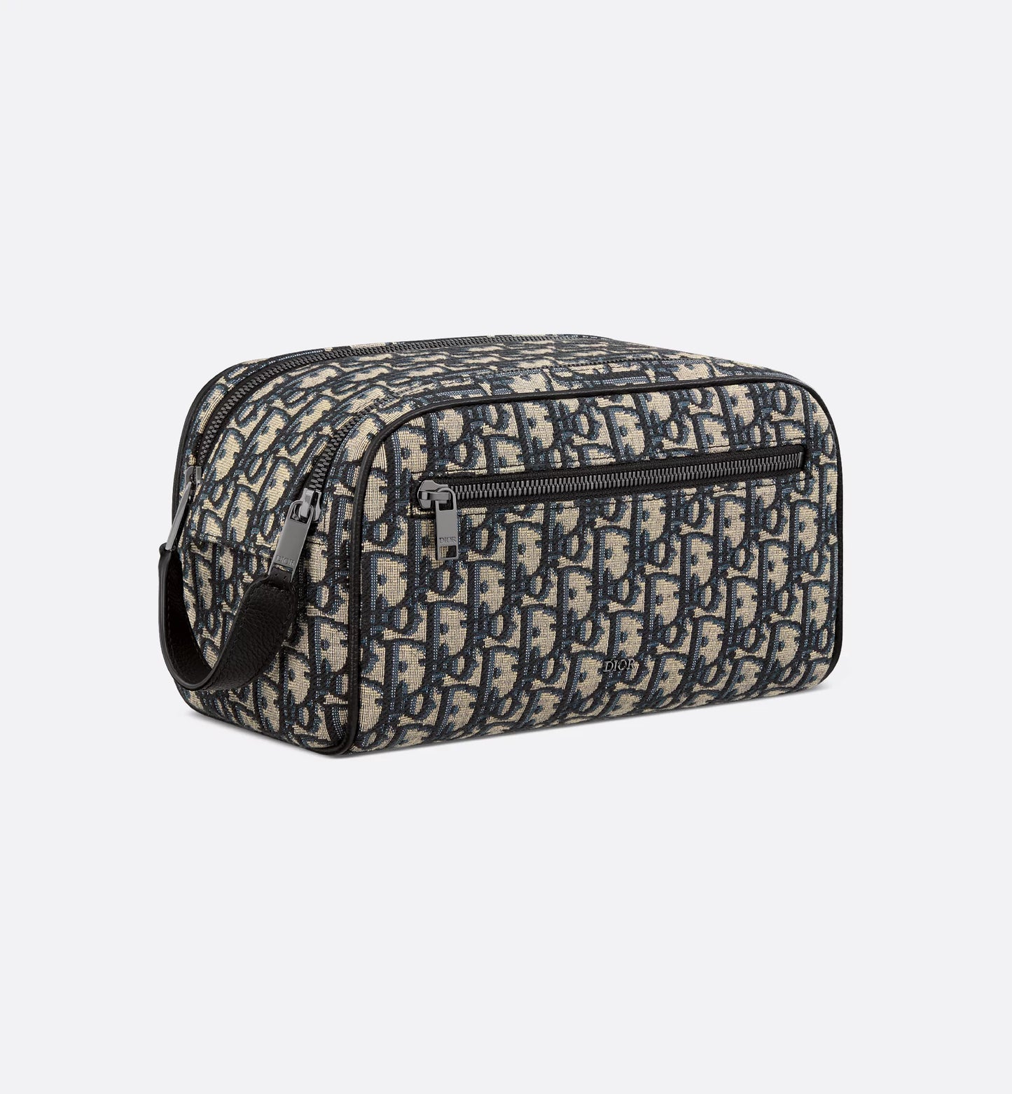 Toilettentasche Beige/Schwarz Oblique Jacquard und genarbtes Kalbsleder