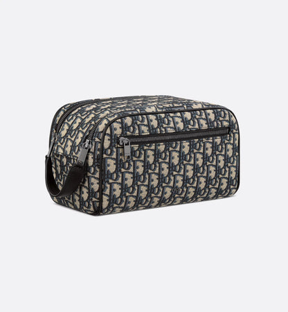 Toilettentasche Beige/Schwarz Oblique Jacquard und genarbtes Kalbsleder
